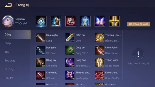 Trang bị của Sephera trong Liên Quân Mobile