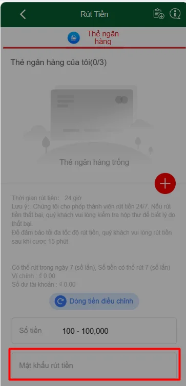 Chọn phương thức rút tiền và nhập mật khẩu rút tiền BONGVIP