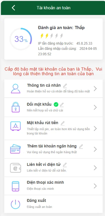 Giao diện trang thông tin cá nhân sau khi đăng nhập BONGVIP