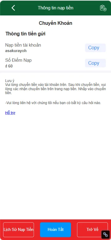 Thông báo hoàn tất nạp tiền BONGVIP