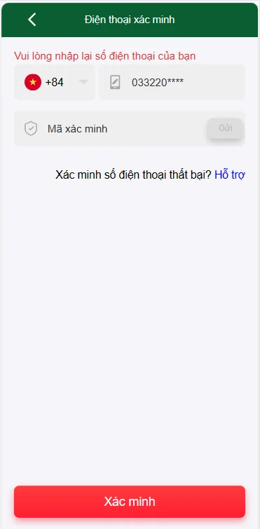 Cần xác minh SDT để rút tiền BONGVIP